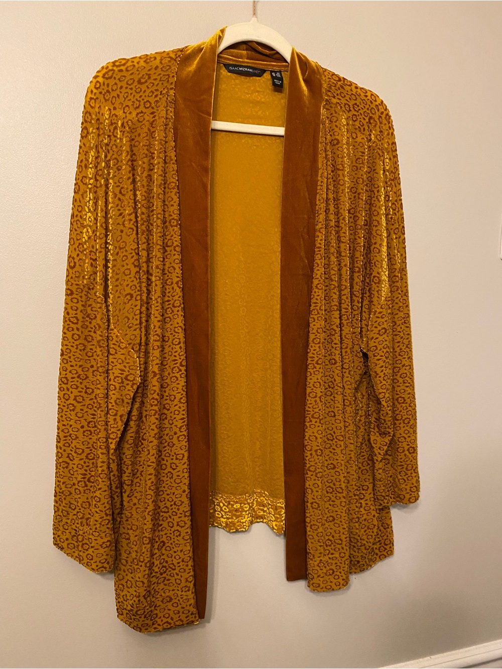 Isaac Mizrahi Mustard Yellow Velvet-Trim Open Cardigan
